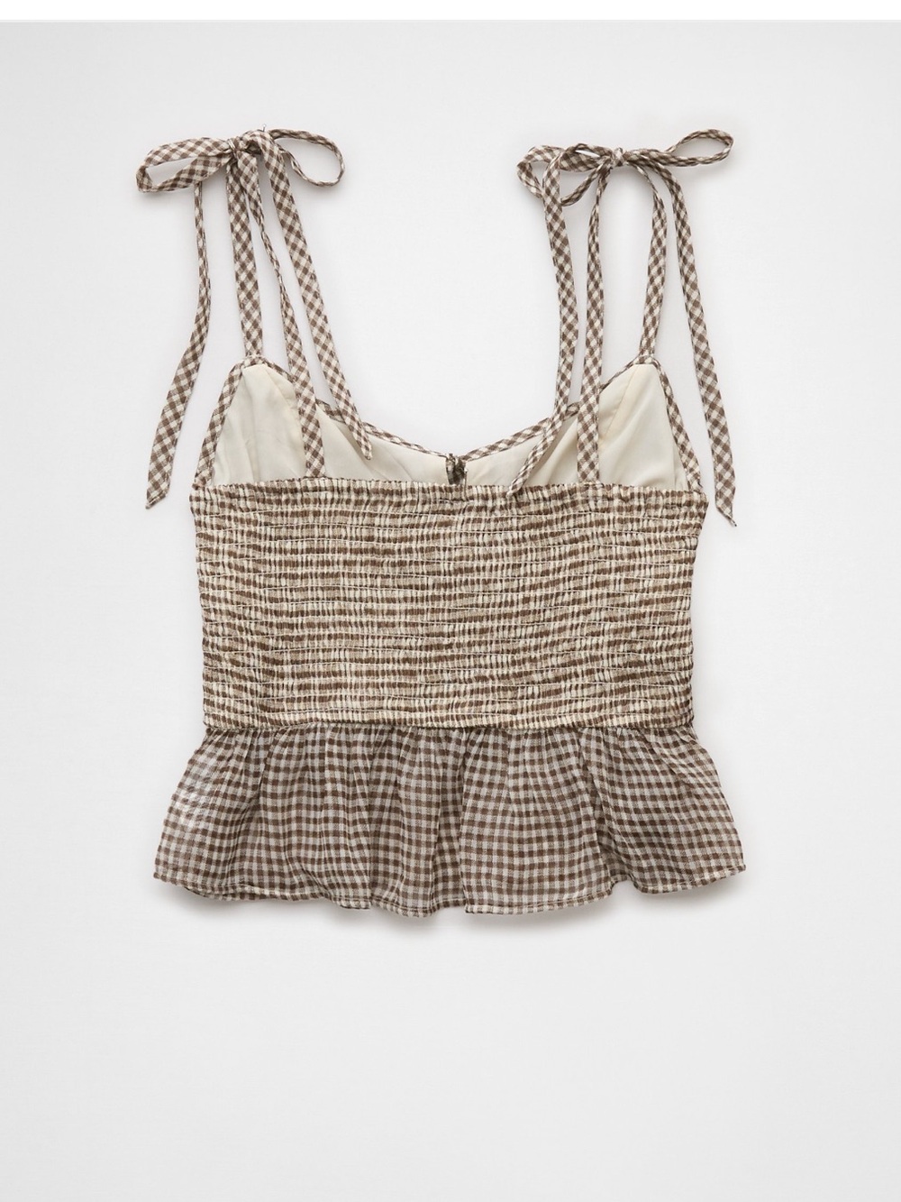 American Eagle Corset Gingham Tie-Shoulder Peplum Cami Top - Brown - Picture 2 of 5